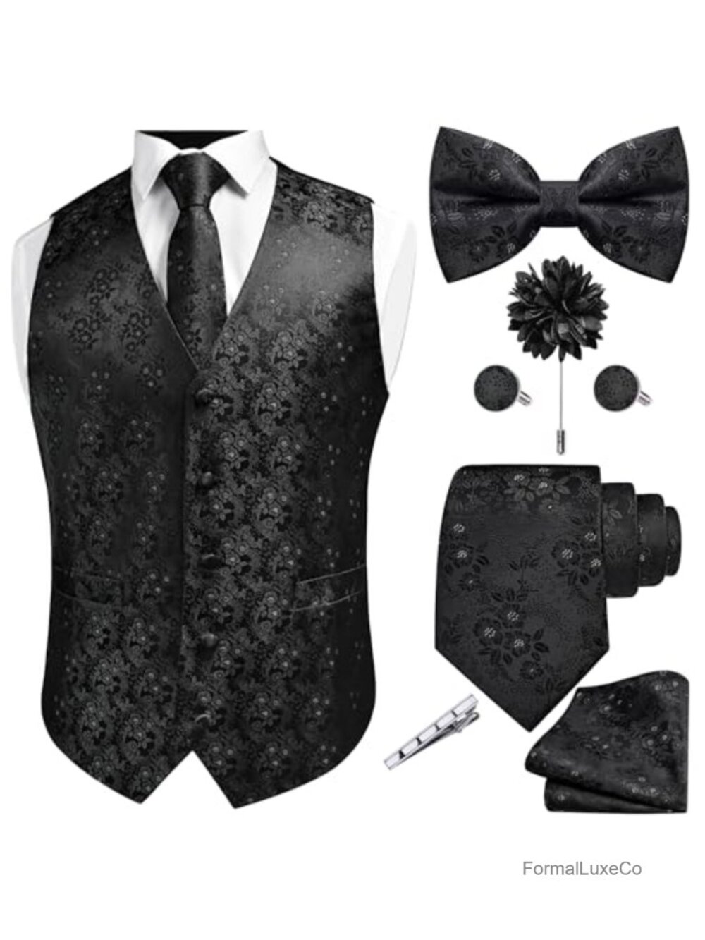 Men's Paisley Vest Set with Tie, Bow Tie, Pocket Square, Cufflinks, Lapel Pin,